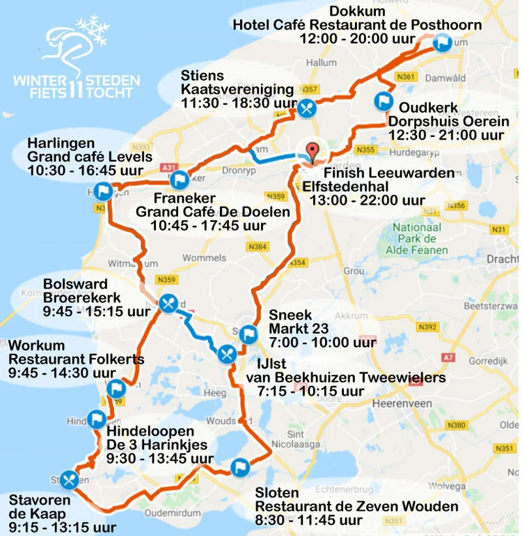 Sneek: Markt 23 - 7:00-10:00 uur IJlst: van Beekhuizen - 7:15-10:15 uur Sloten: Zeven Wouden  - 8:30-11:45 uur Stavoren: De Kaap - 9:15-13:15 uur Hindeloopen: 3 Harinkjes - 9:30-13:45 uur Workum: Folkerts - 9:45-14:30 uur Bolsward: Broerekerk - 9:45-15:15 uur Harlingen: Levels - 10:30-16:45 uur Franeker: De Doelen - 10:45-17:45 uur Stiens: Kaatsvereniging - 11:30-18:30 uur Dokkum: De Posthoorn - 12:00-20:00 uur Oudkerk: Oerein - 12:30-21:00 uur Leeuwarden: 11-Stedenhal - 13:00-22:00 uur
