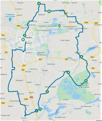 Google maps kaart van de fietsroute van 67 km vanuit Grou