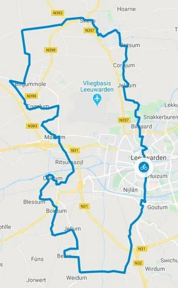 Google maps kaart van de fietsroute West vanuit Leeuwarden